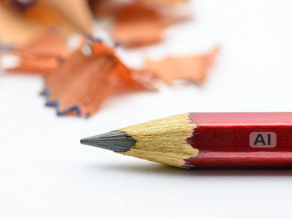 Gespitzter roter Bleistift mit der Aufschrift AI, dahinter Holzspäne