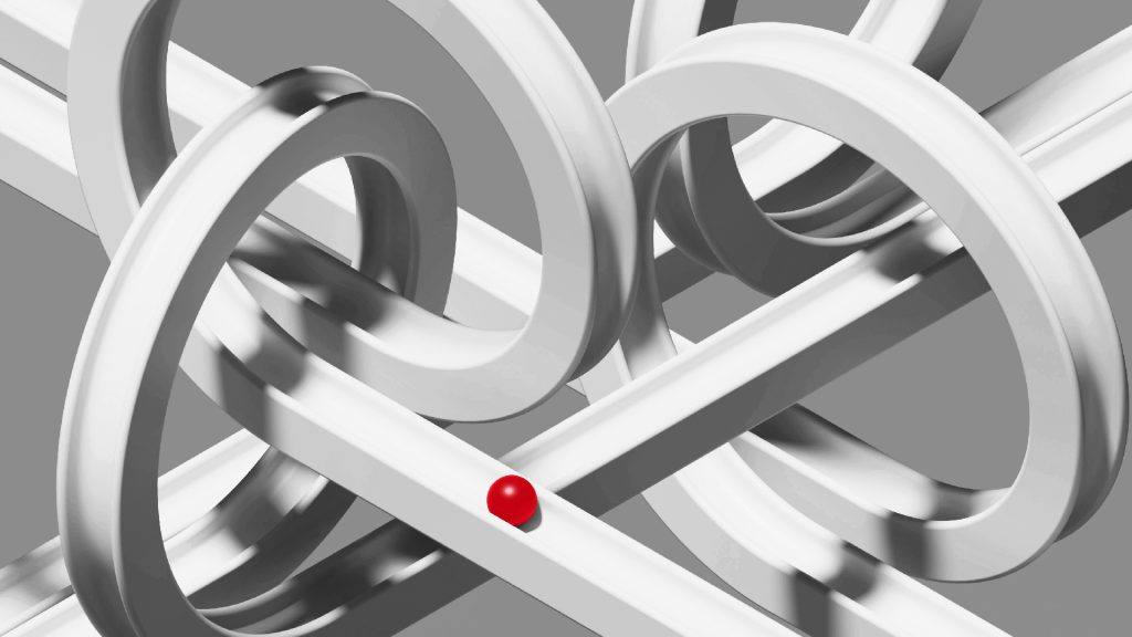 Weiße Ringe und Bahnen mit einer einzelnen roten Kugel, abstraktes Bild des Marketing-Ökosystems