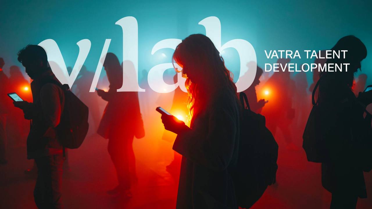 Silhouetten von Menschen, die auf ihre Handys schauen, unter dem v/lab-Logo, Vatra Talent Development